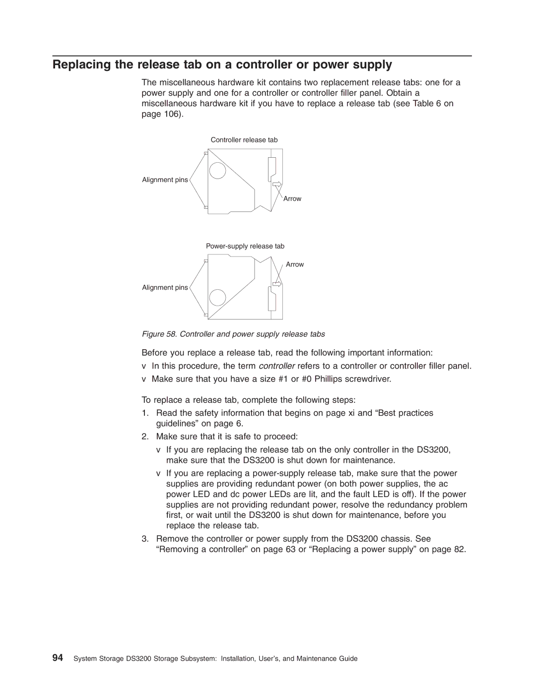 IBM DS3200 Storage Subsystem manual Replacing the release tab on a controller or power supply 