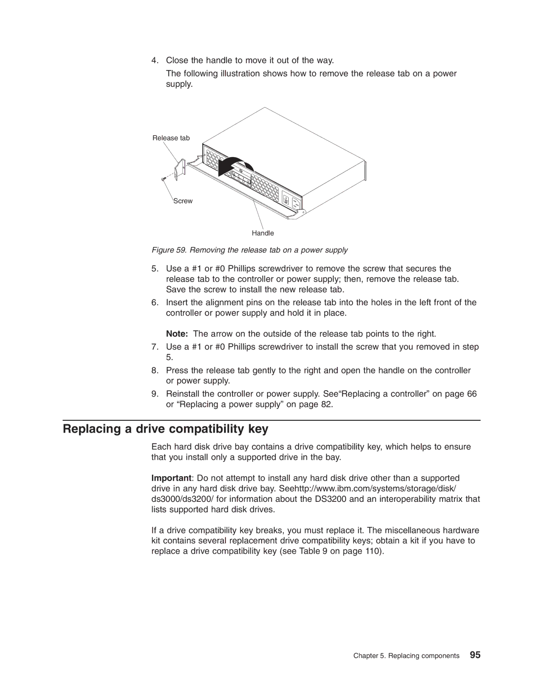 IBM DS3200 Storage Subsystem manual Replacing a drive compatibility key, Removing the release tab on a power supply 