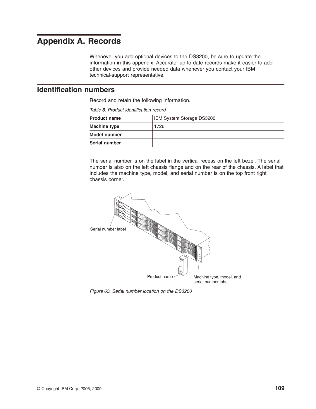 IBM DS3200 Storage Subsystem manual Appendix A. Records, Identification numbers 