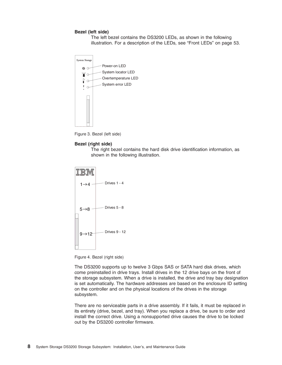 IBM DS3200 Storage Subsystem manual Bezel left side, Bezel right side 