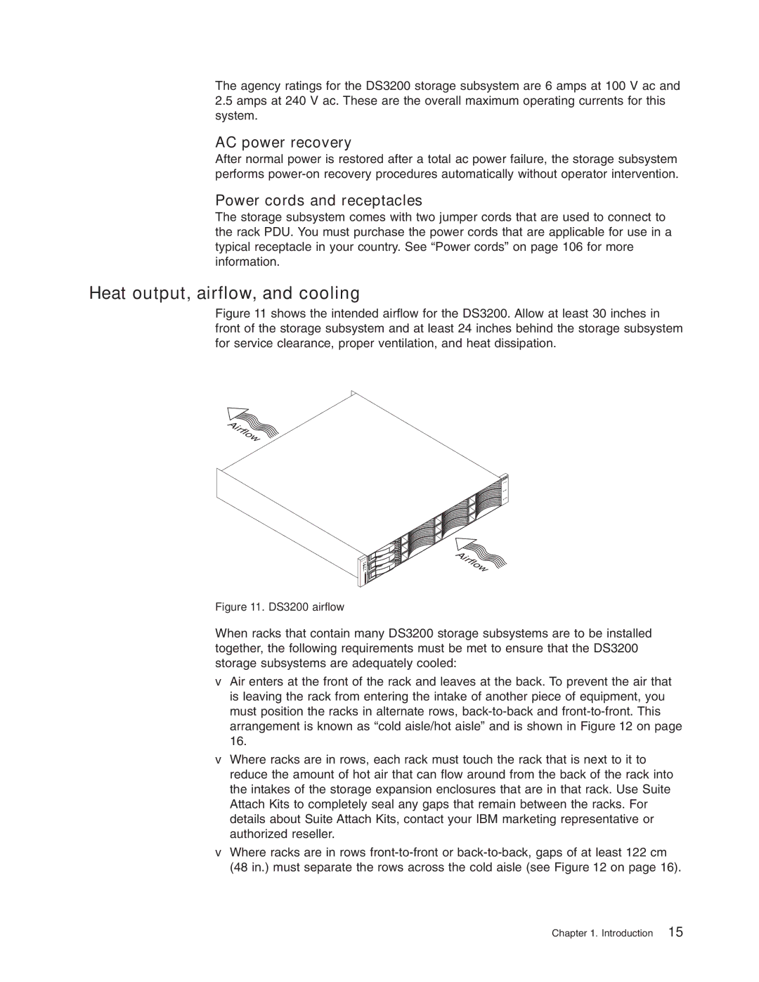 IBM DS3200 Storage Subsystem manual Heat output, airflow, and cooling, AC power recovery 