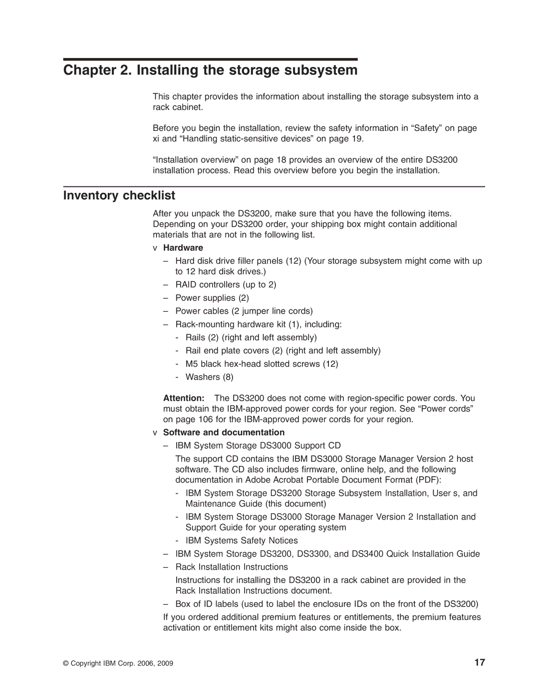 IBM DS3200 Storage Subsystem Installing the storage subsystem, Inventory checklist, Hardware, Software and documentation 