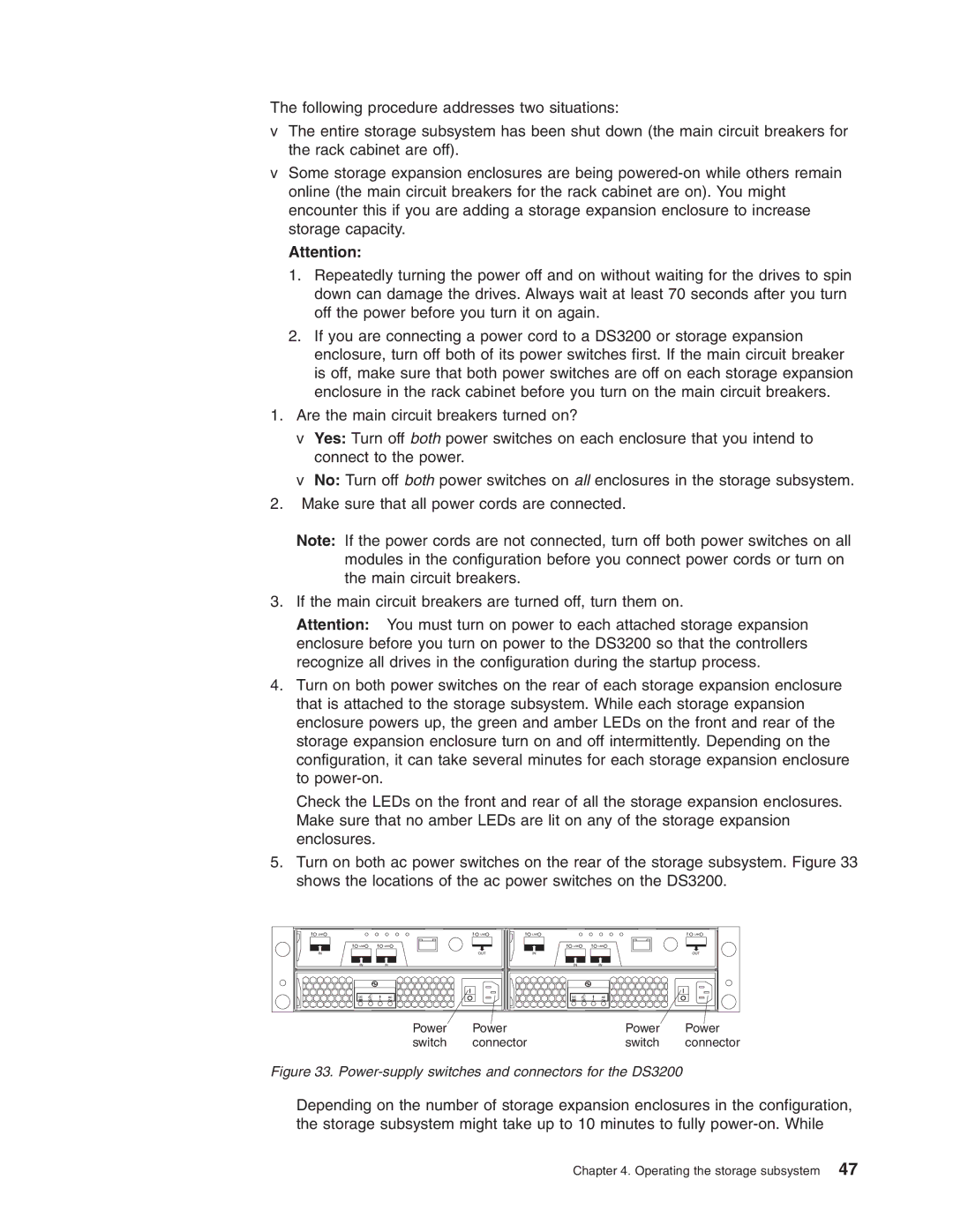 IBM DS3200 Storage Subsystem manual Power-supply switches and connectors for the DS3200 