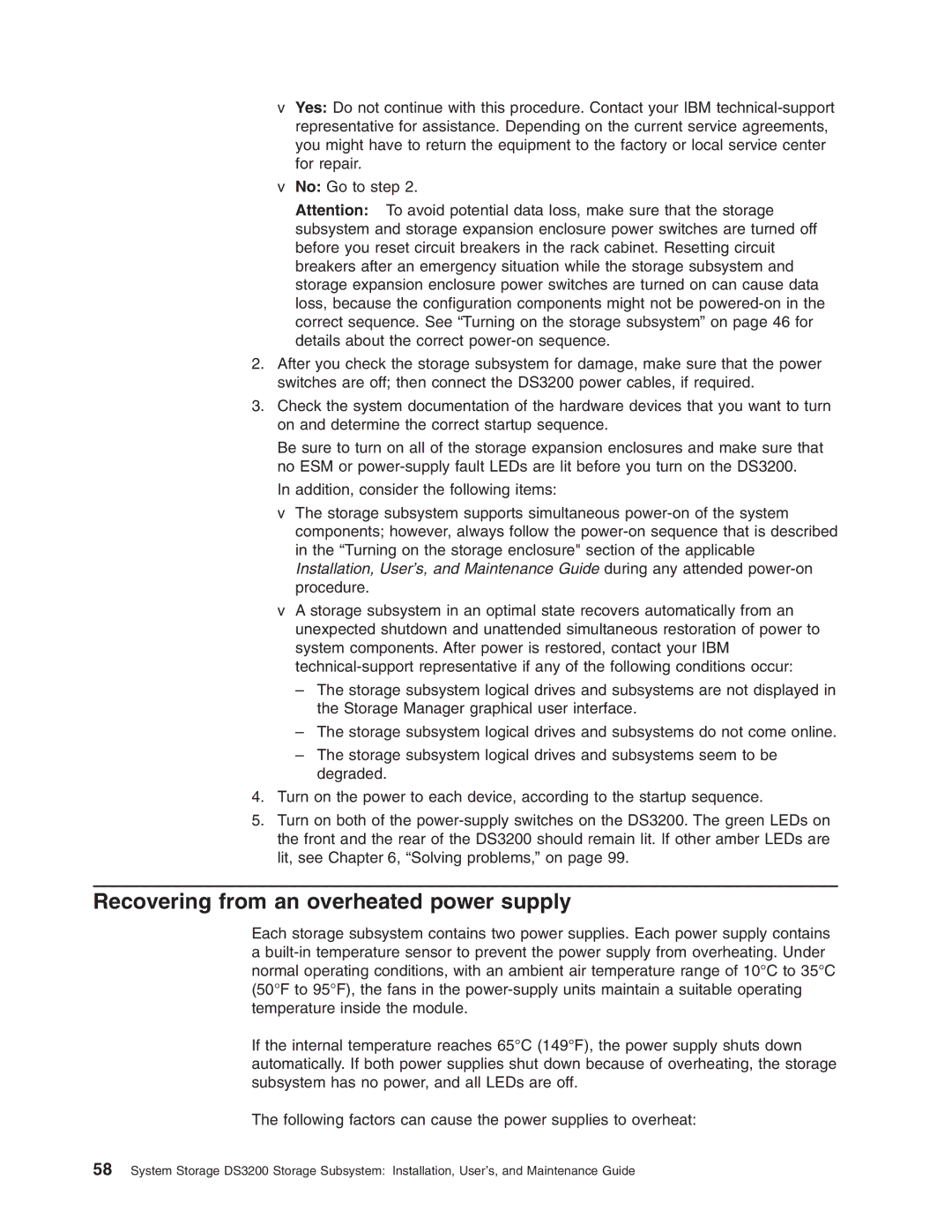 IBM DS3200 Storage Subsystem manual Recovering from an overheated power supply 