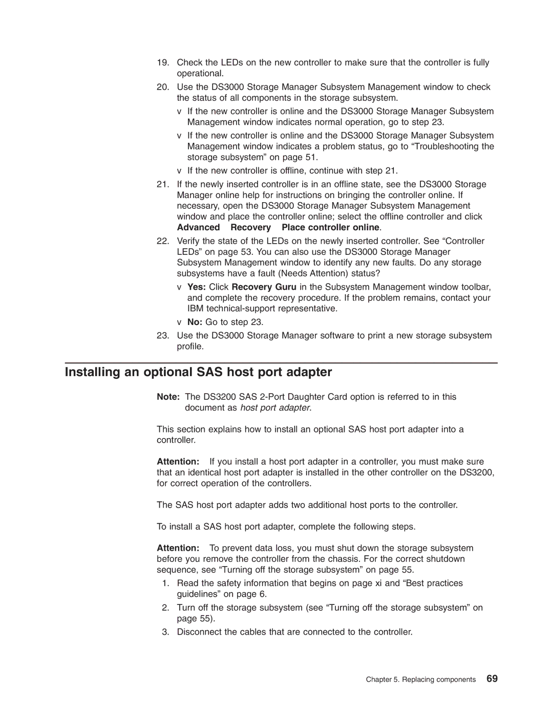 IBM DS3200 Storage Subsystem manual Installing an optional SAS host port adapter 