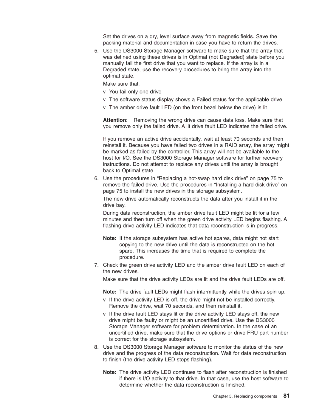 IBM DS3200 Storage Subsystem manual Replacing components 