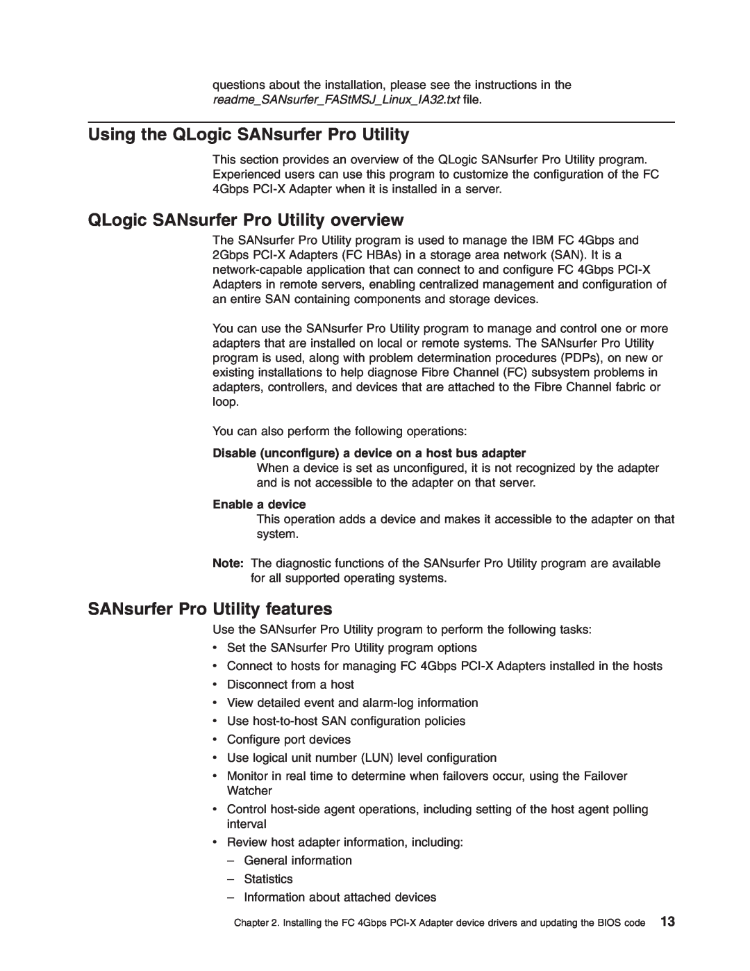 IBM DS4000 FC manual Using the QLogic SANsurfer Pro Utility, QLogic SANsurfer Pro Utility overview, Enable a device 