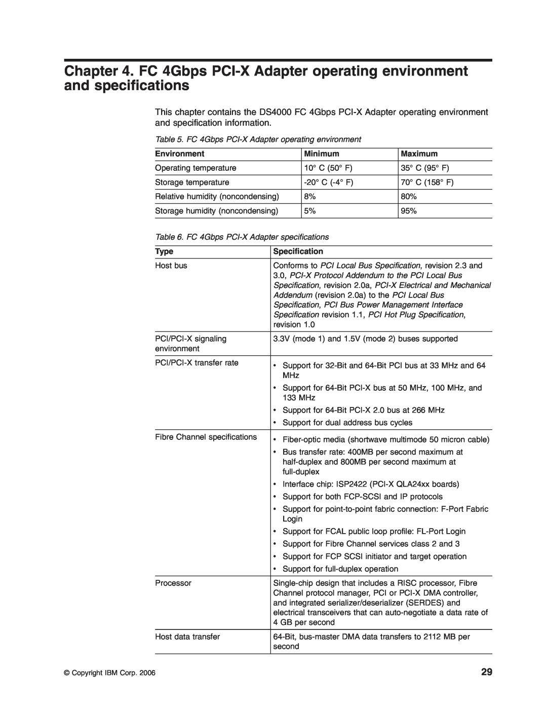 IBM DS4000 FC manual Environment, Minimum, Maximum, Type, Specification 