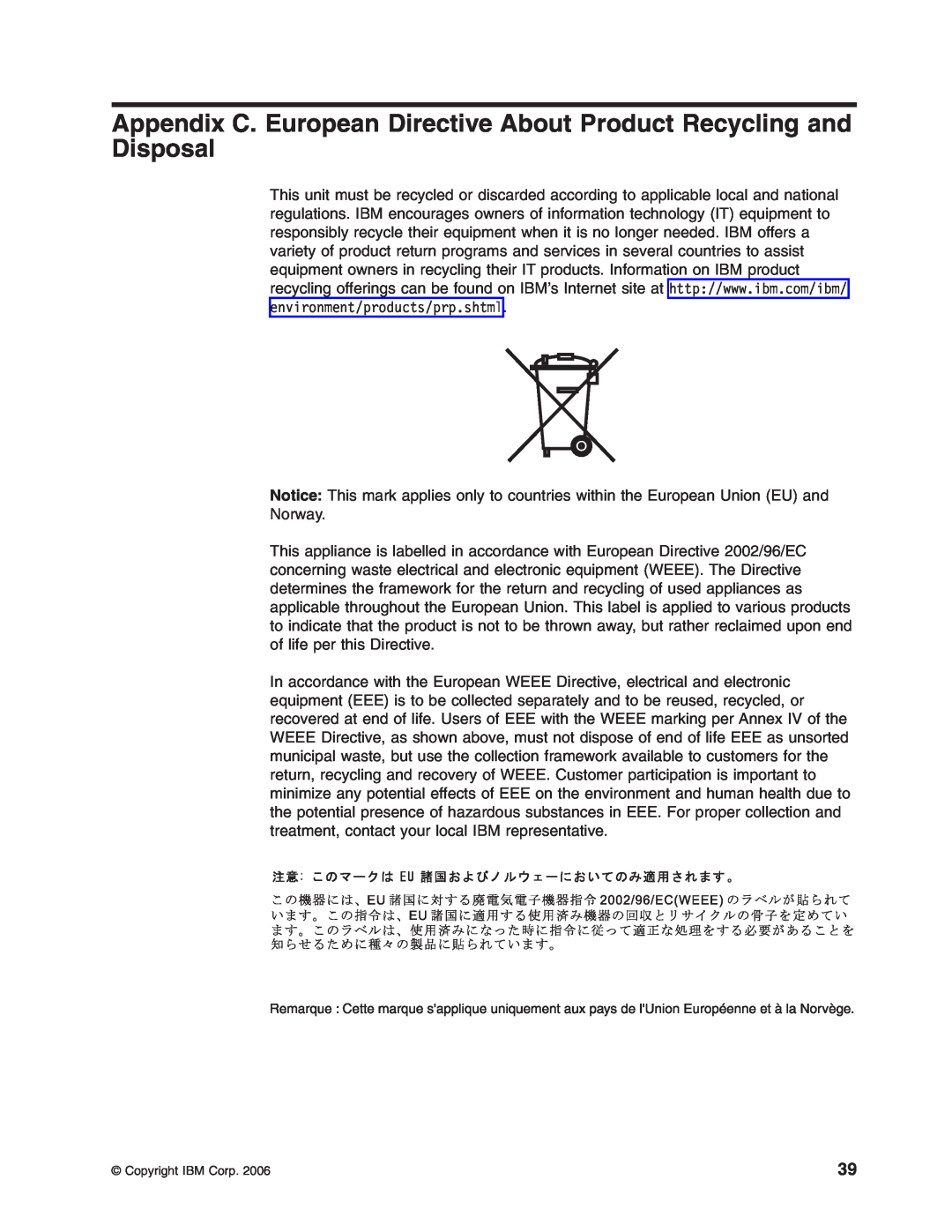IBM DS4000 FC manual Appendix C. European Directive About Product Recycling and Disposal 