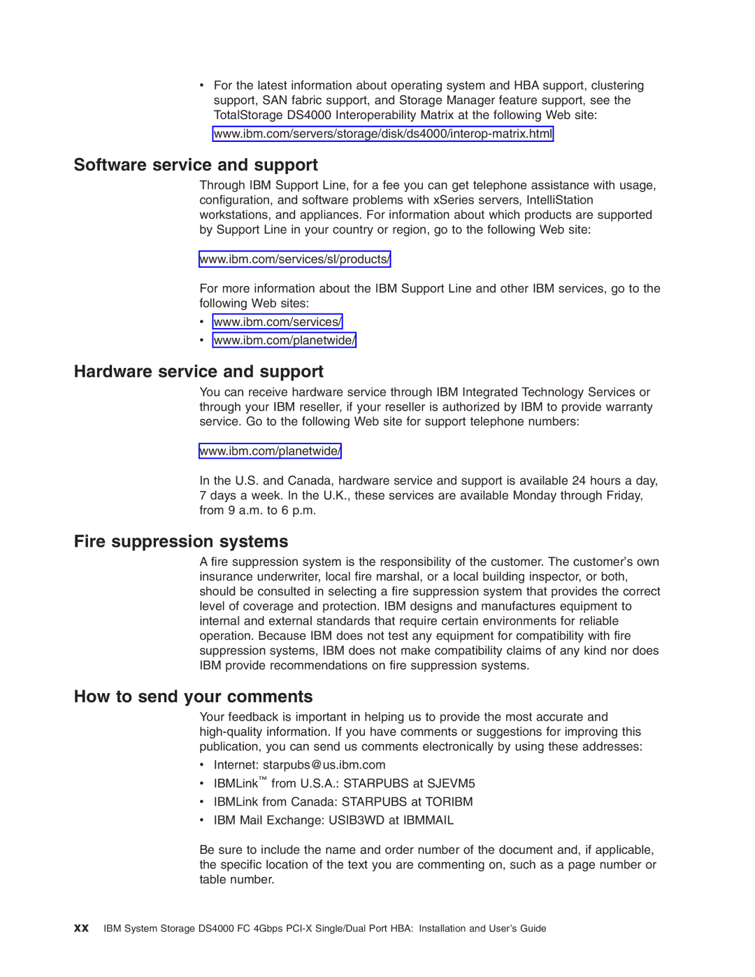 IBM DS4000 FC manual Software service and support, Hardware service and support, Fire suppression systems 