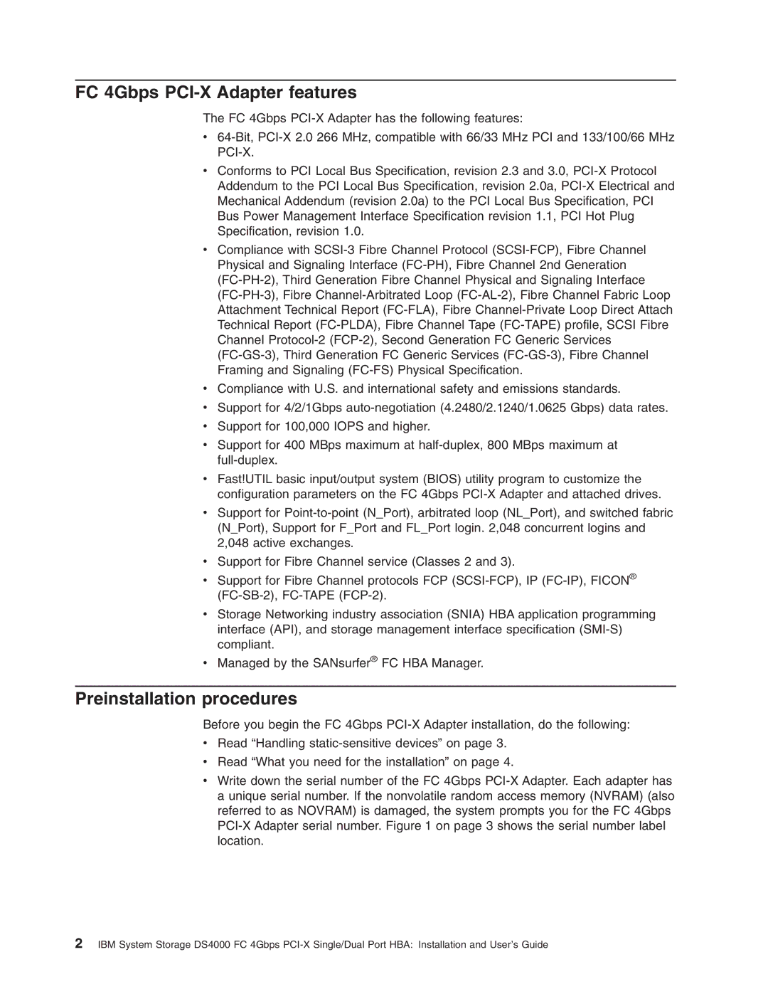 IBM DS4000 FC manual FC 4Gbps PCI-X Adapter features, Preinstallation procedures 