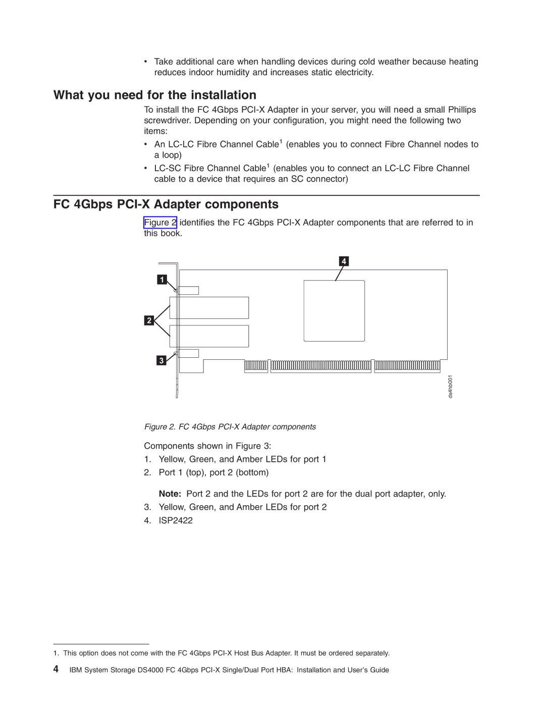 IBM DS4000 FC manual What you need for the installation, FC 4Gbps PCI-X Adapter components 