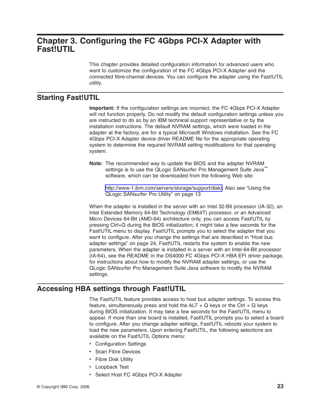 IBM DS4000 FC manual Configuring the FC 4Gbps PCI-X Adapter with Fast!UTIL, Starting Fast!UTIL 