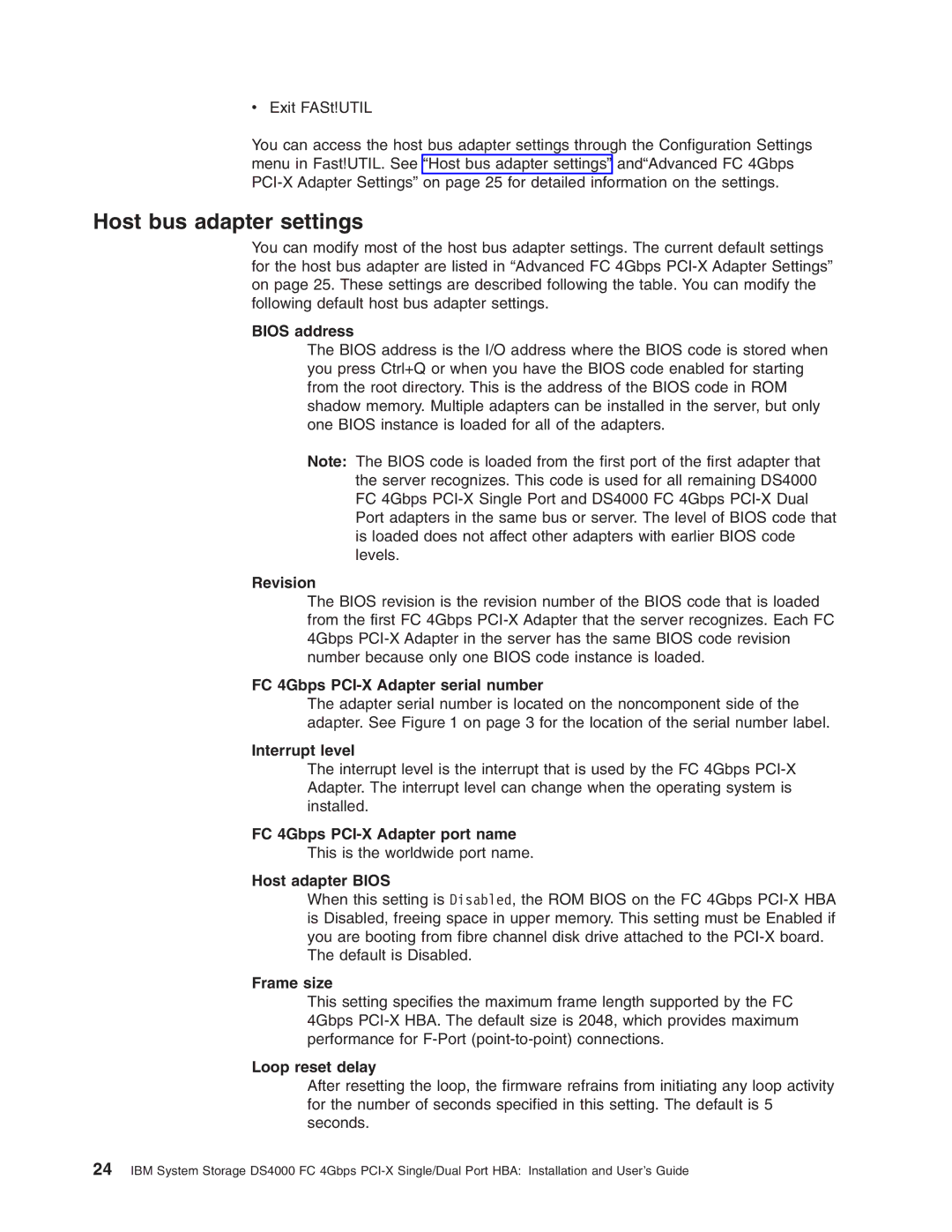 IBM DS4000 FC manual Host bus adapter settings, Bios address 
