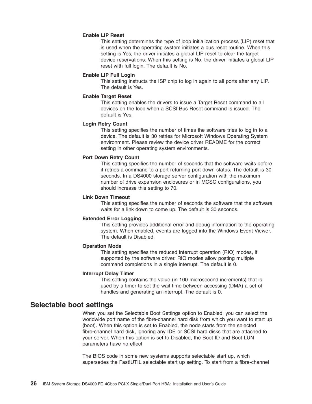 IBM DS4000 FC manual Selectable boot settings, Enable LIP Reset 