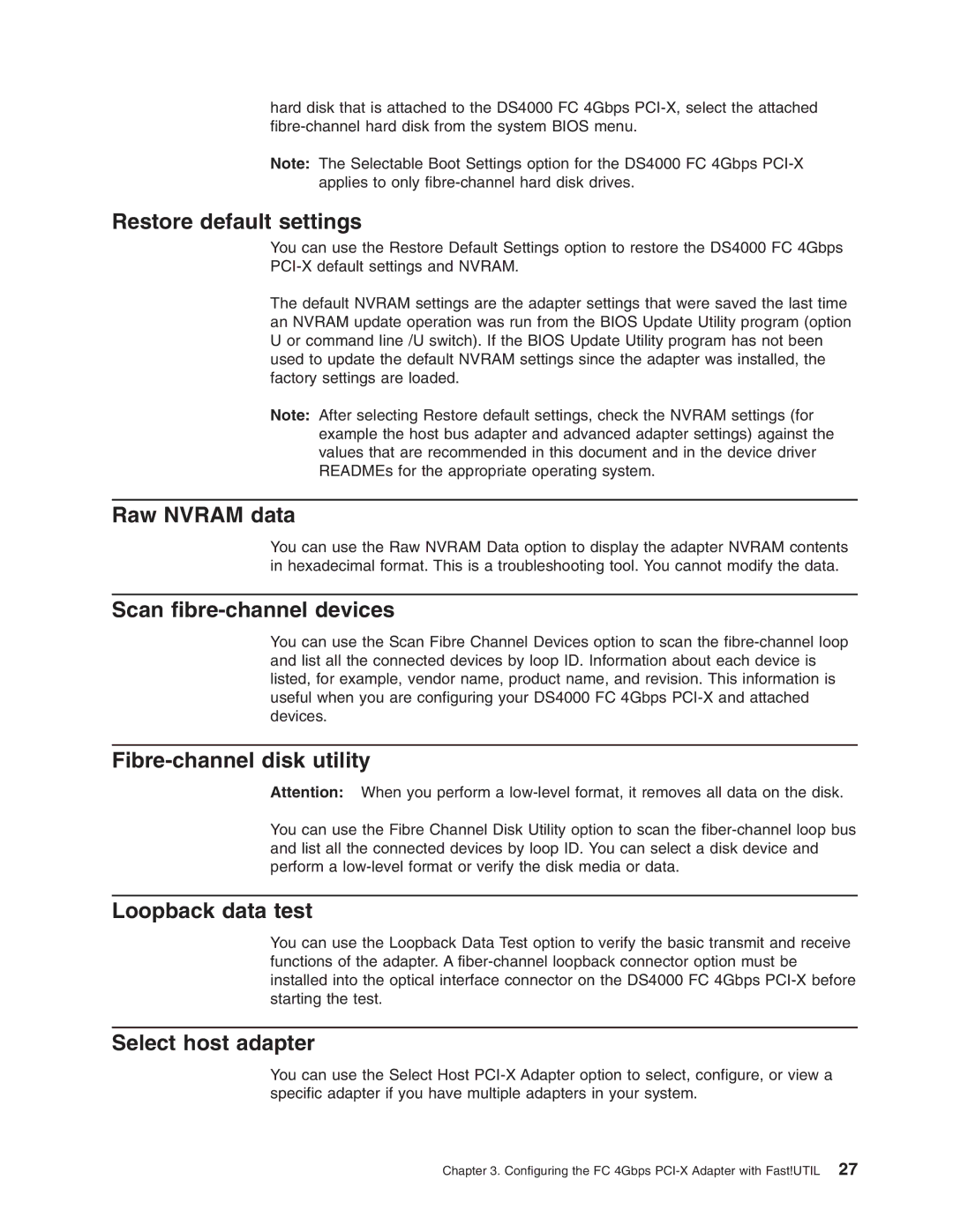 IBM DS4000 FC manual Restore default settings, Raw Nvram data, Scan fibre-channel devices, Fibre-channel disk utility 
