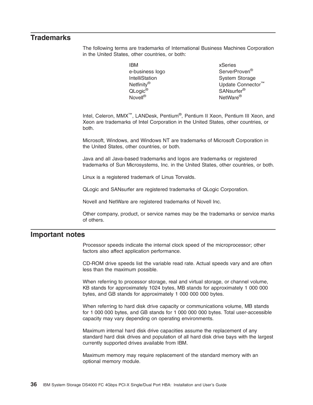 IBM DS4000 FC manual Trademarks, Important notes 