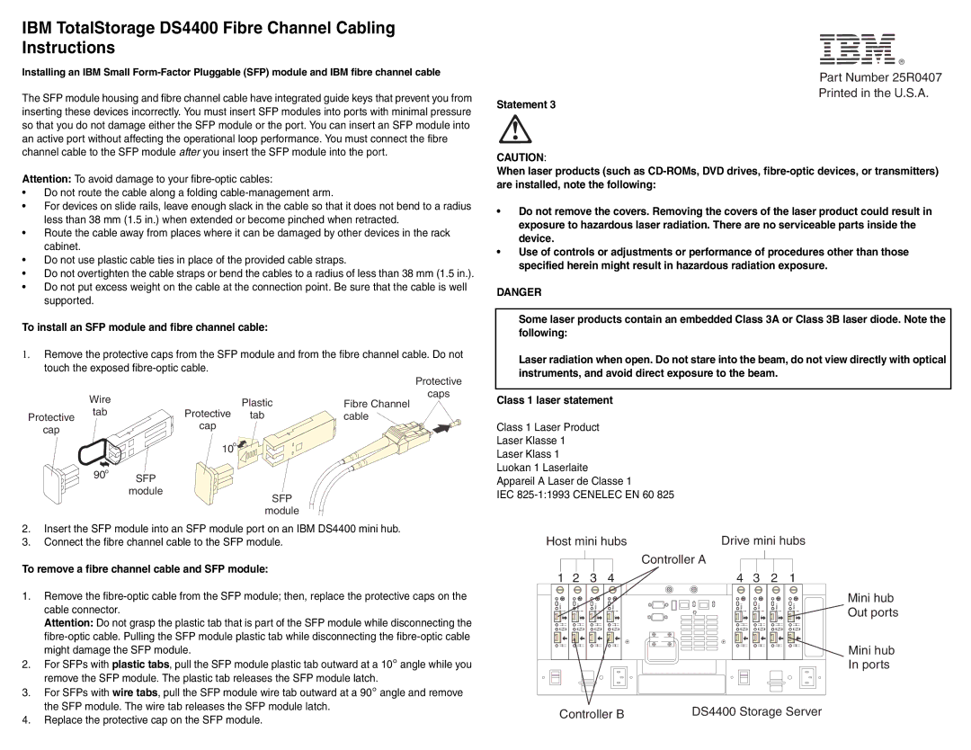 IBM DS4400 manual Part Number 25R0407, Host mini hubs Drive mini hubs Controller a, Mini hub Out ports Mini hub In ports 