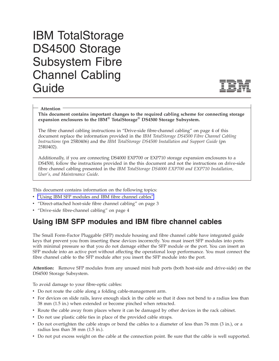 IBM DS4500 manual Using IBM SFP modules and IBM fibre channel cables 