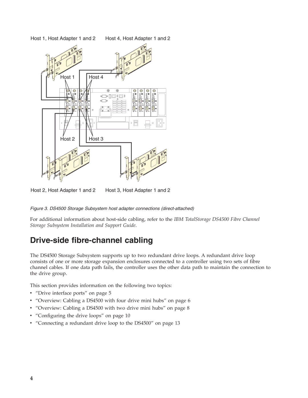 IBM DS4500 manual Drive-side fibre-channel cabling, Host Host 2, Host Adapter 1 Host 3, Host Adapter 1 