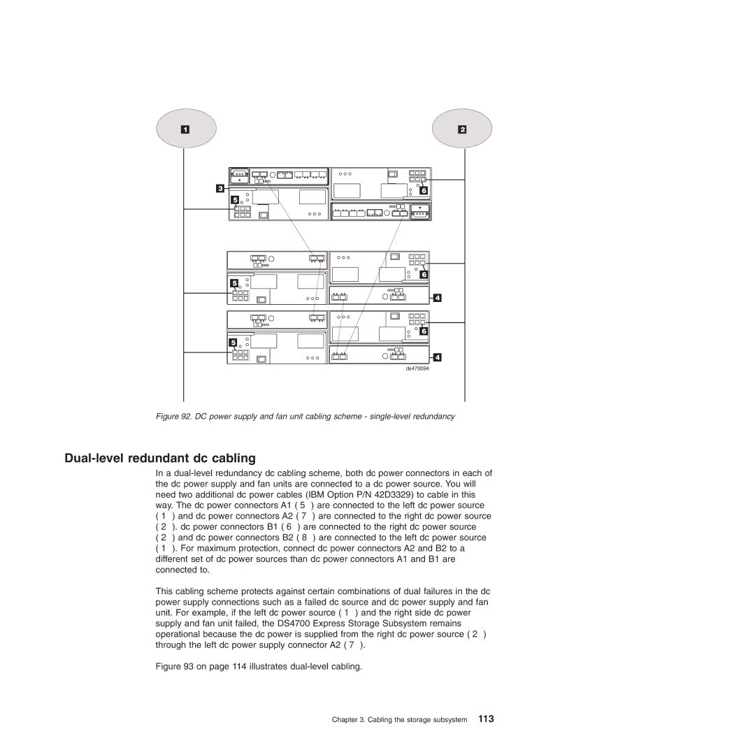 IBM DS4700 manual Dual-level redundant dc cabling, On page 114 illustrates dual-level cabling 