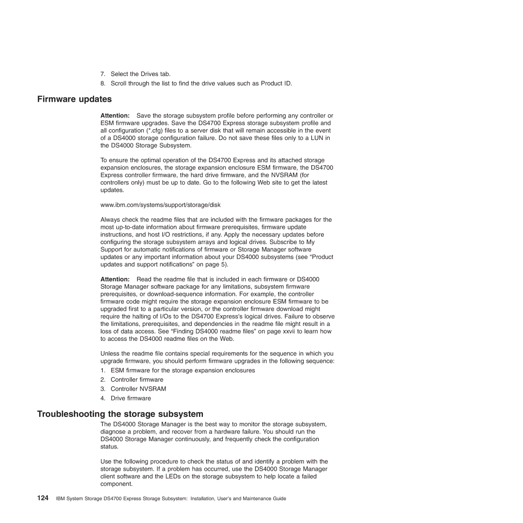 IBM DS4700 manual Firmware updates, Troubleshooting the storage subsystem 