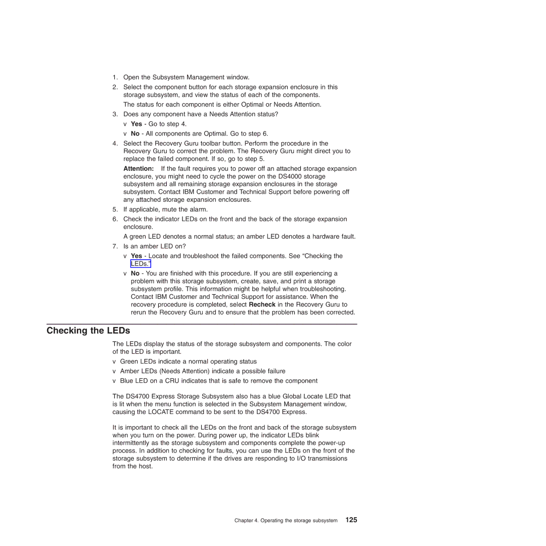 IBM DS4700 manual Checking the LEDs 