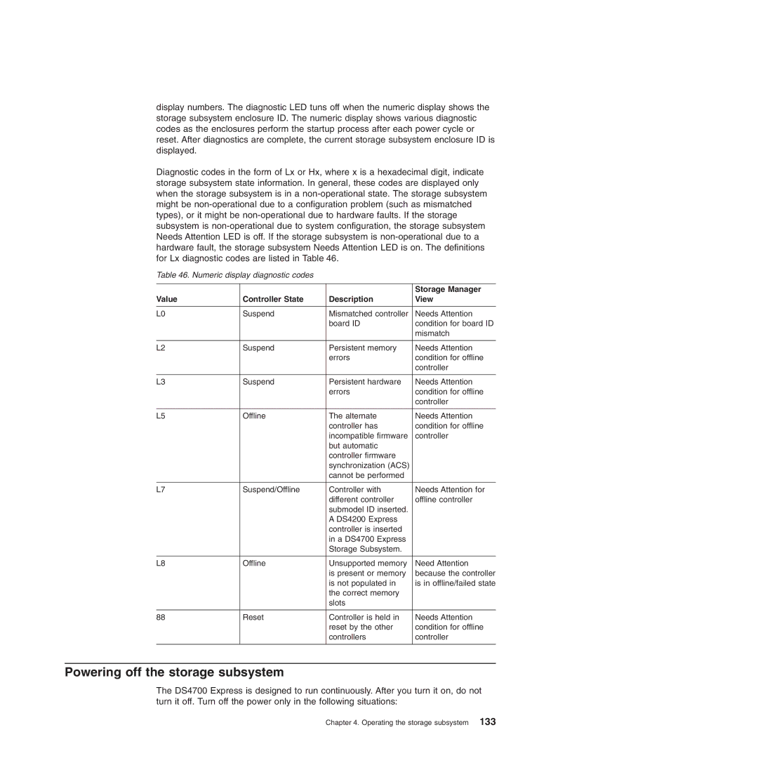 IBM DS4700 manual Powering off the storage subsystem, Storage Manager, Value Controller State Description View 