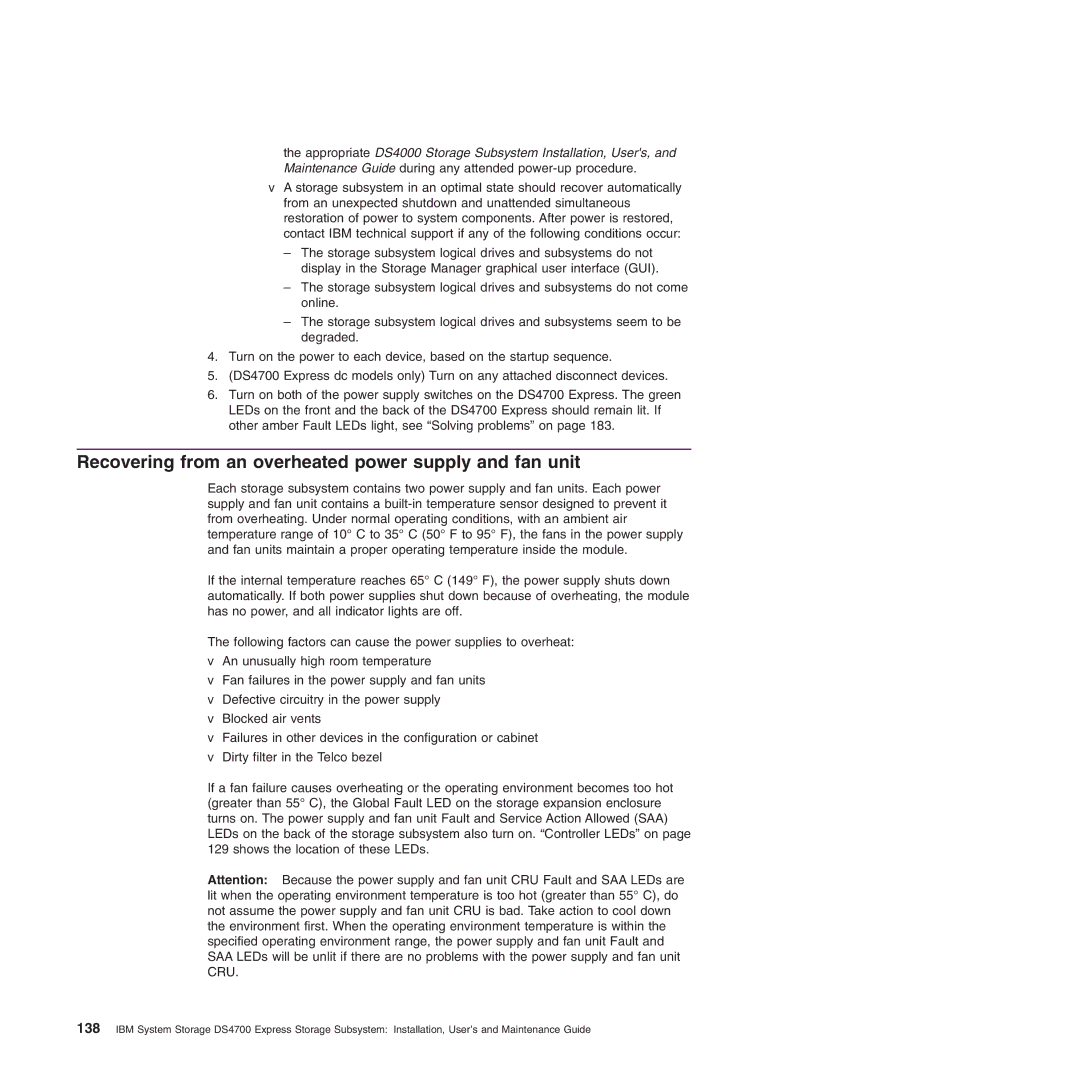 IBM DS4700 manual Recovering from an overheated power supply and fan unit 