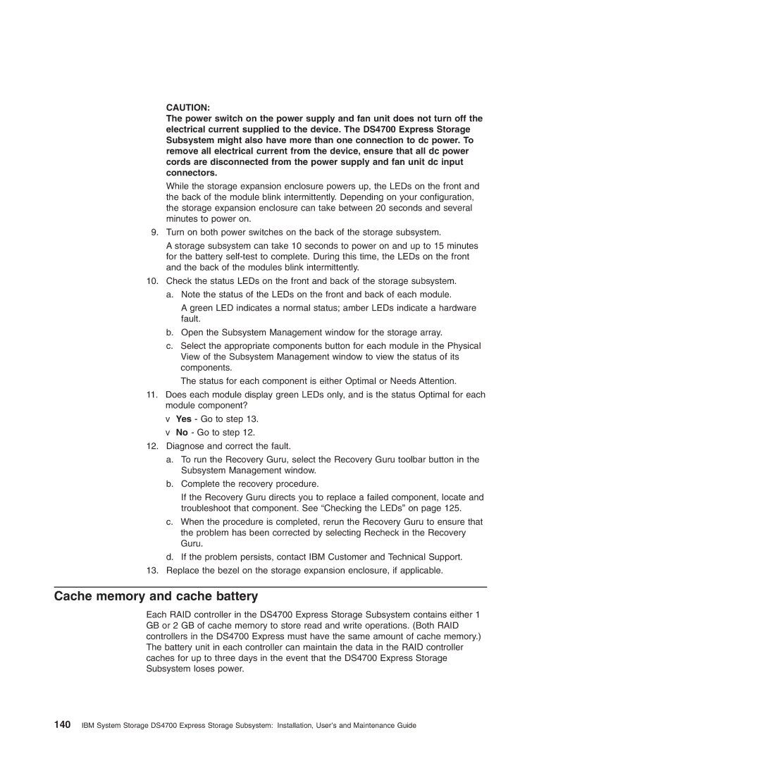 IBM DS4700 manual Cache memory and cache battery 