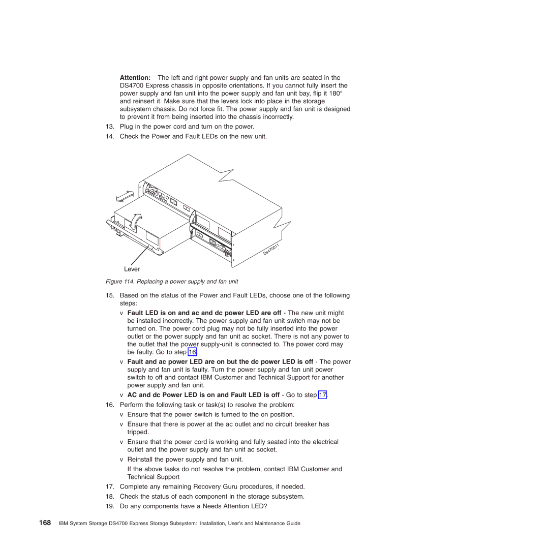 IBM DS4700 manual Replacing a power supply and fan unit 