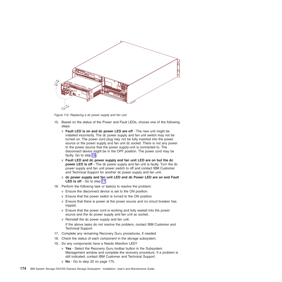 IBM DS4700 manual Replacing a dc power supply and fan unit 