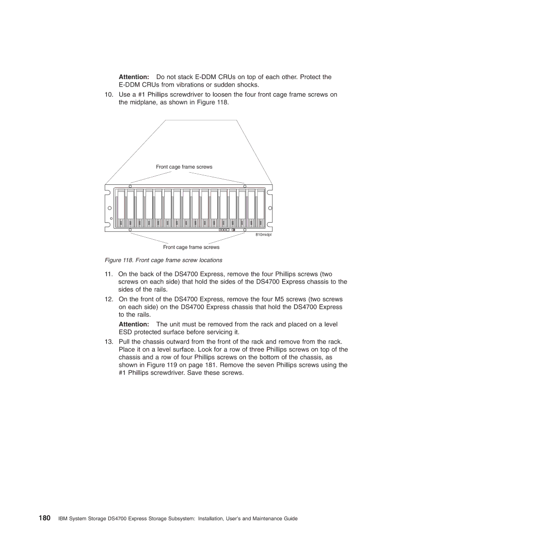 IBM DS4700 manual Front cage frame screw locations 