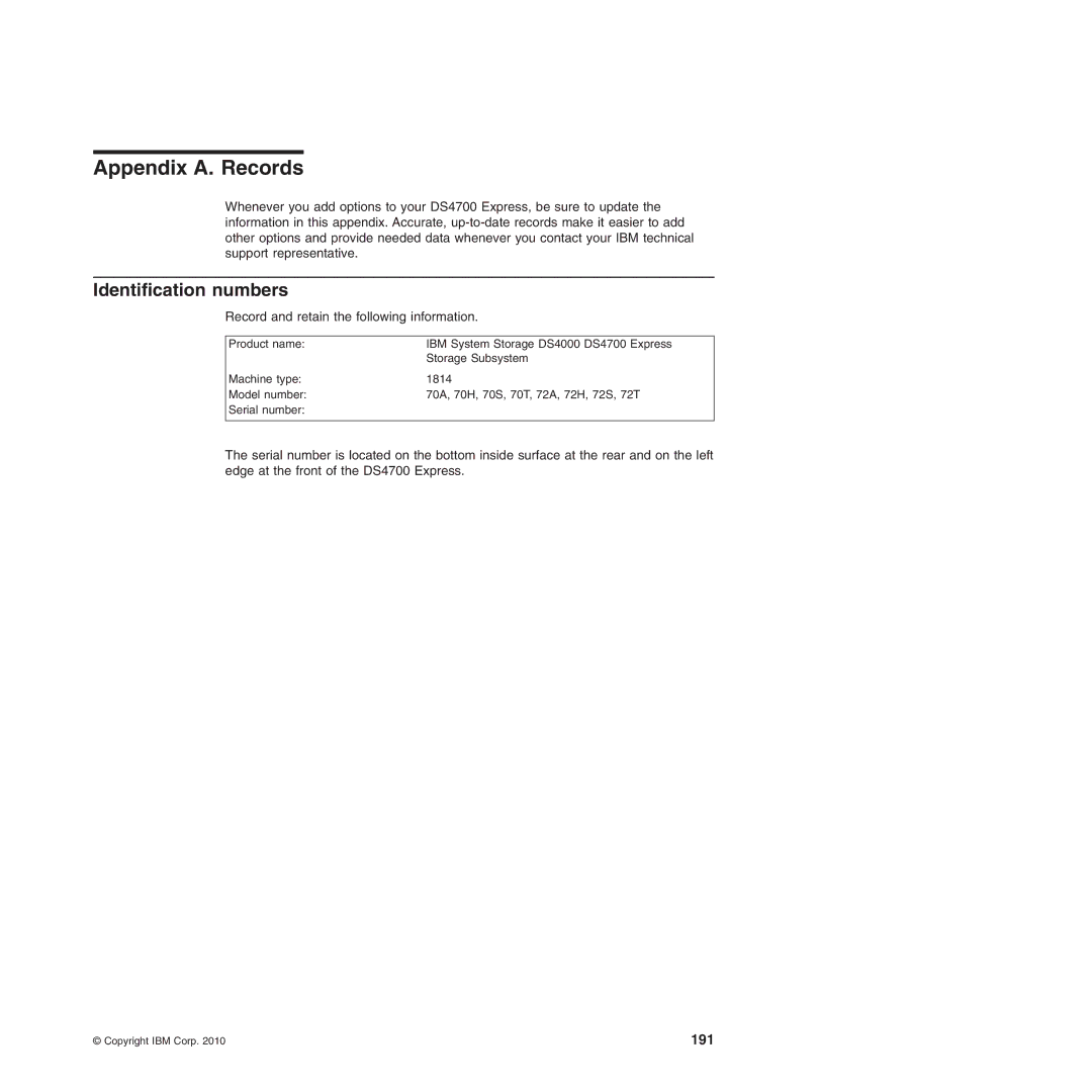 IBM DS4700 manual Appendix A. Records, Identification numbers 