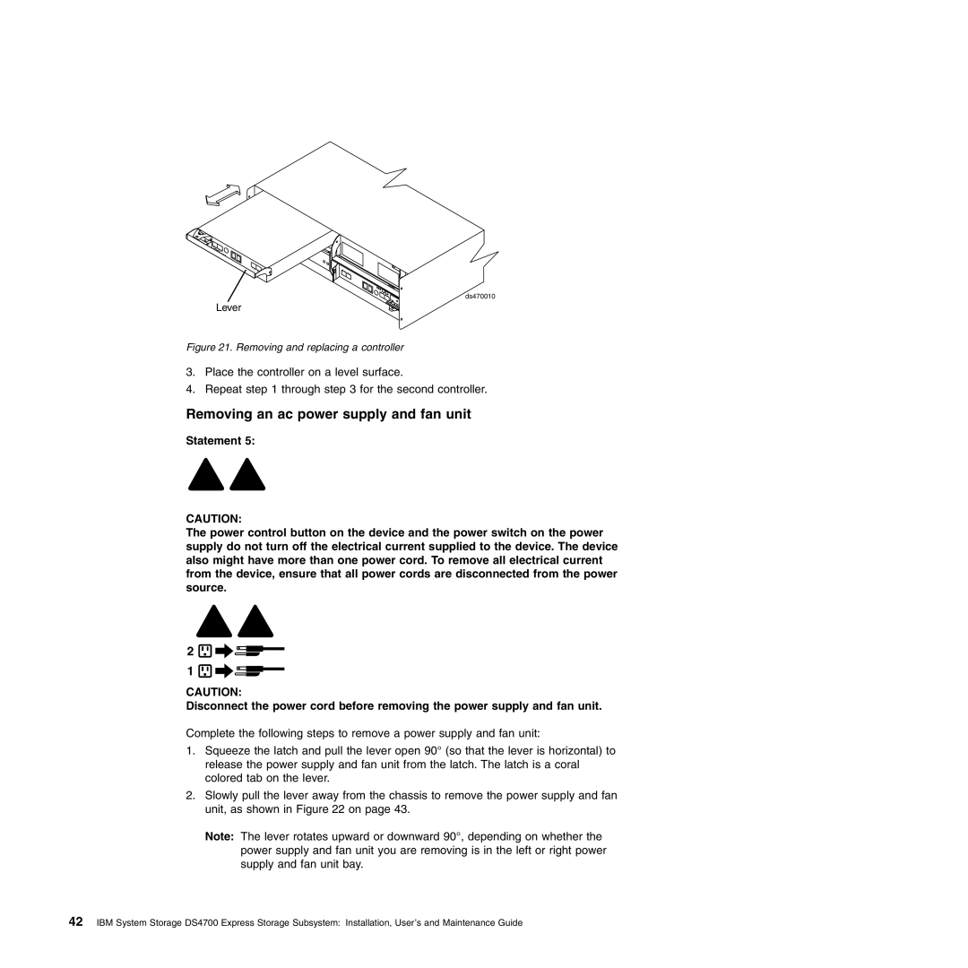 IBM DS4700 manual Removing an ac power supply and fan unit, Removing and replacing a controller 