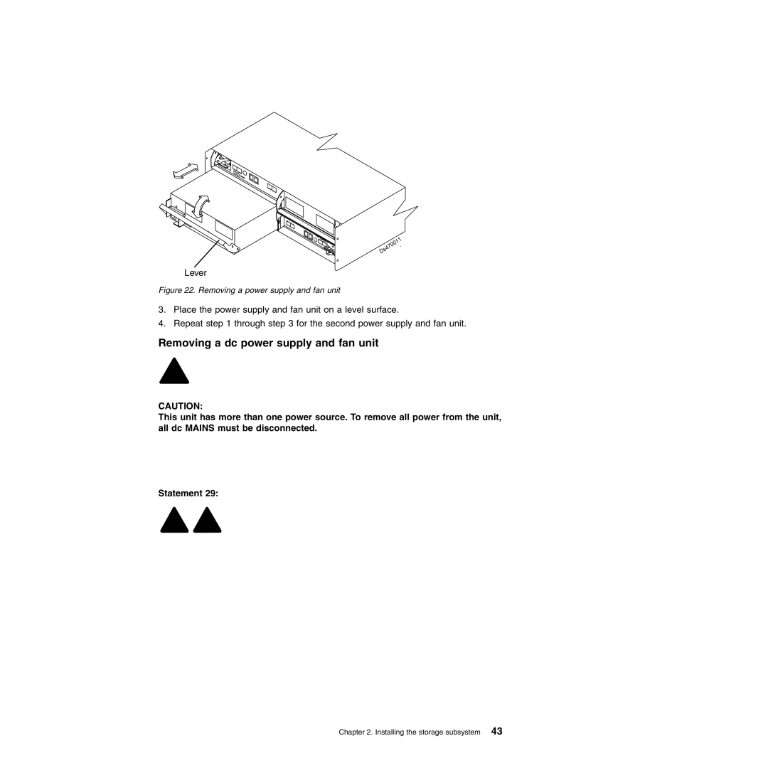 IBM DS4700 manual Removing a dc power supply and fan unit, Removing a power supply and fan unit 