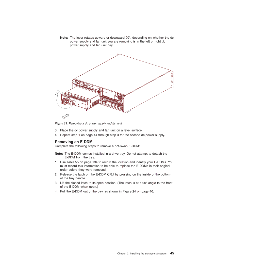 IBM DS4700 manual Removing an E-DDM, Removing a dc power supply and fan unit 