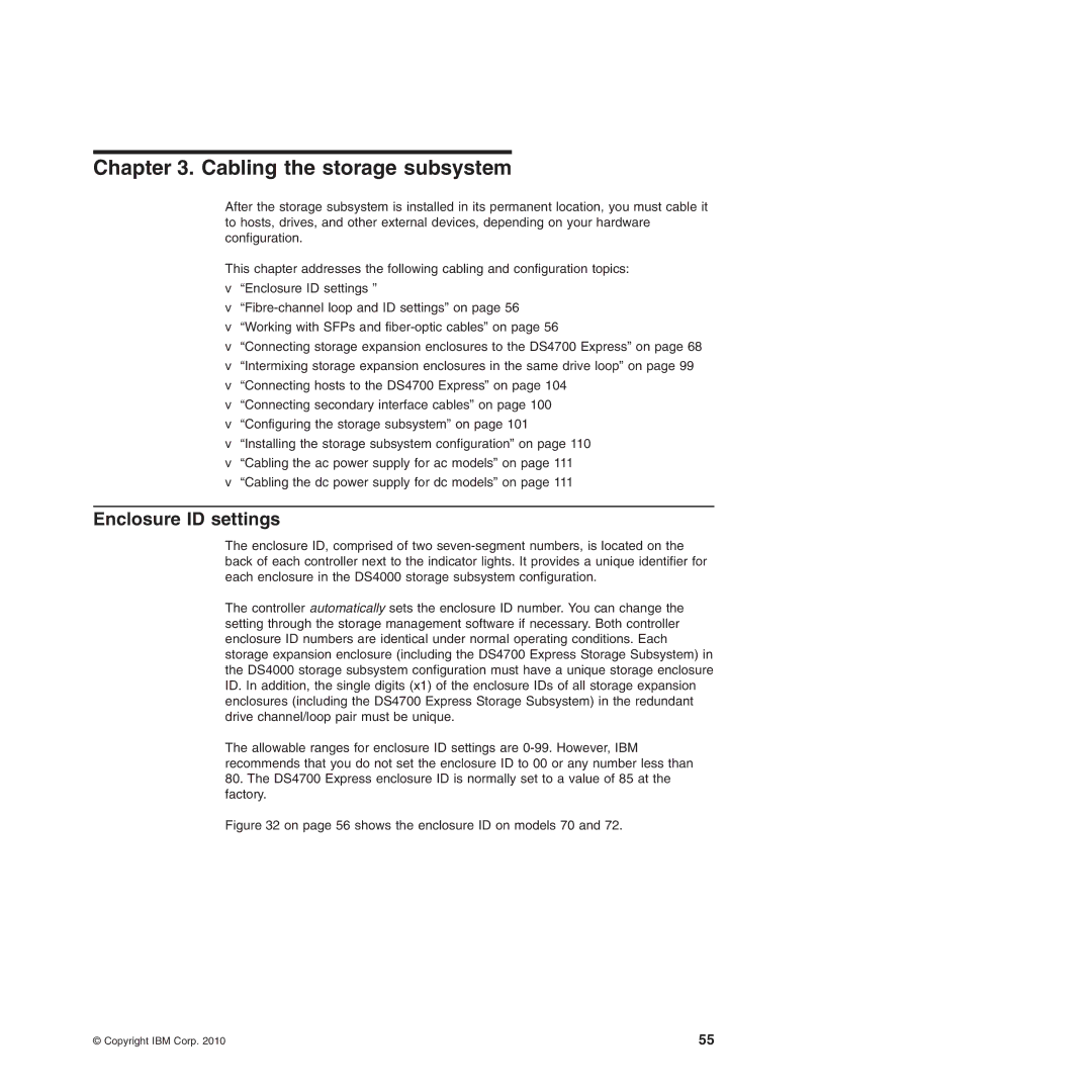 IBM DS4700 manual Cabling the storage subsystem, Enclosure ID settings 