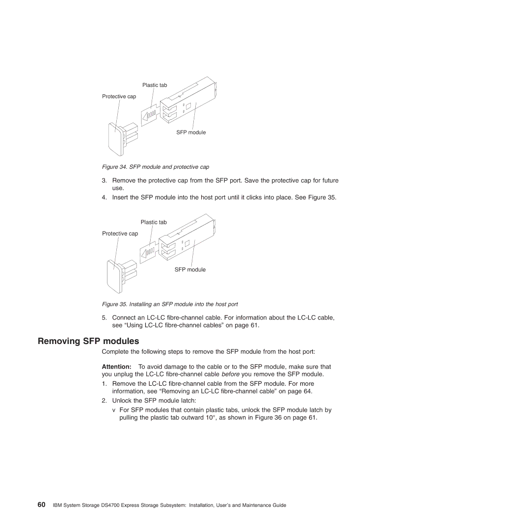 IBM DS4700 manual Removing SFP modules, SFP module and protective cap 