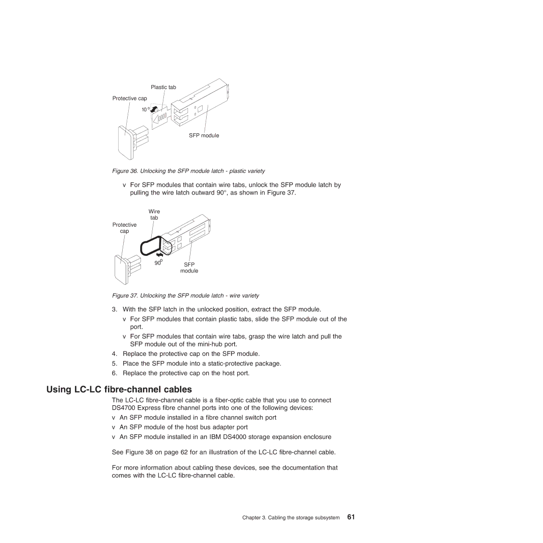 IBM DS4700 manual Using LC-LC fibre-channel cables, Unlocking the SFP module latch plastic variety 