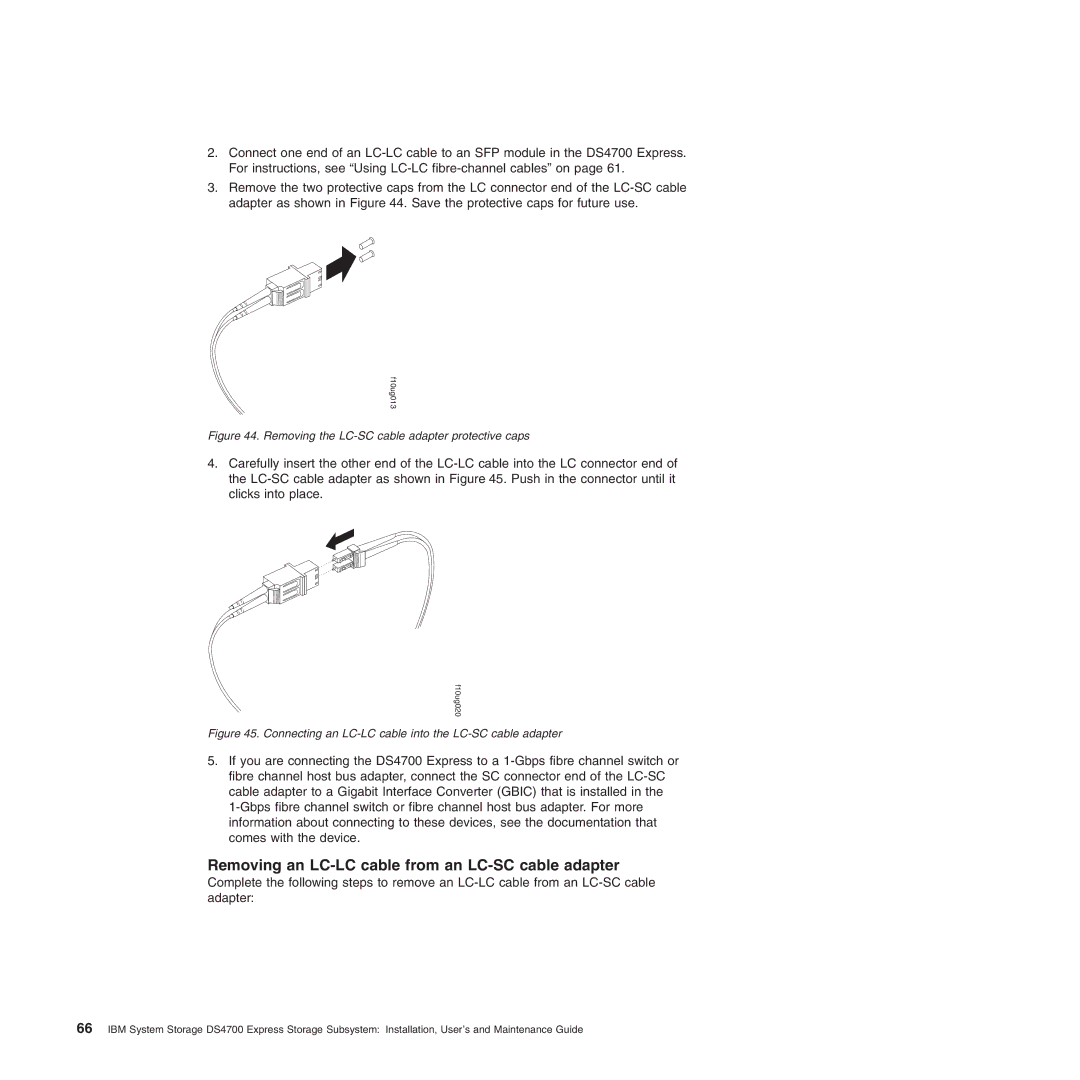 IBM DS4700 manual Removing an LC-LC cable from an LC-SC cable adapter, Removing the LC-SC cable adapter protective caps 