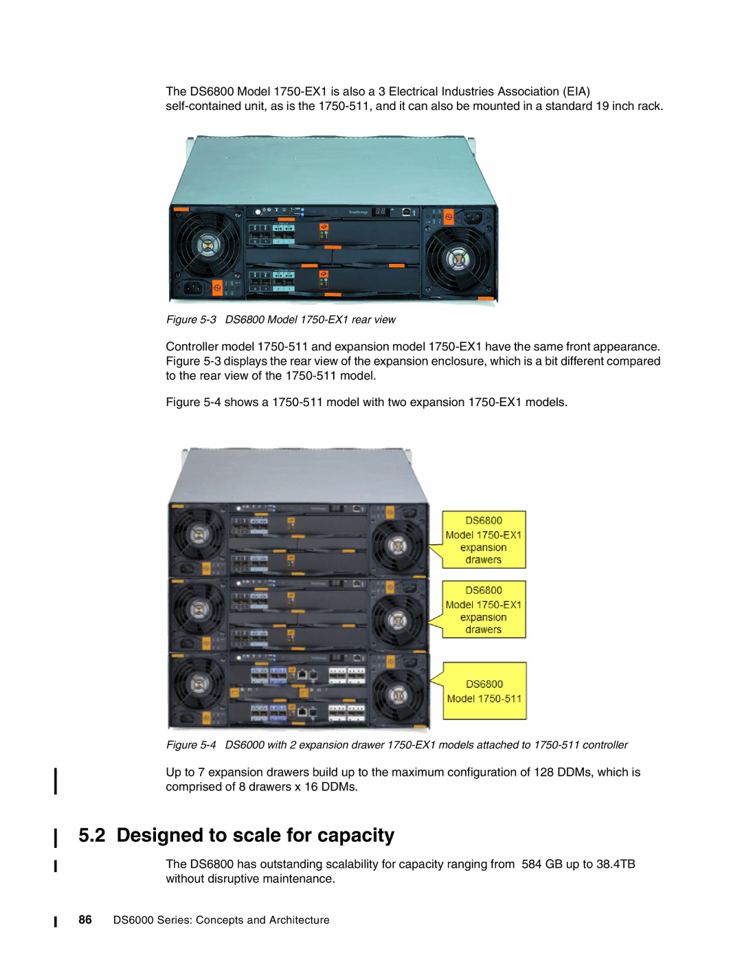 IBM DS6000 Series manual Designed to scale for capacity, DS6800 Model 1750-EX1 rear view 