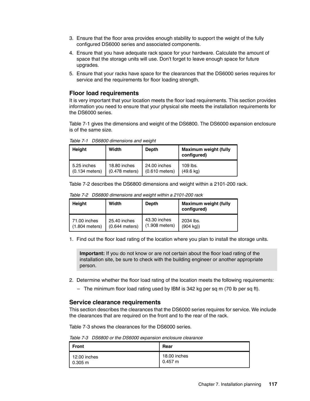 IBM DS6000 Series manual Floor load requirements, Service clearance requirements, 117 