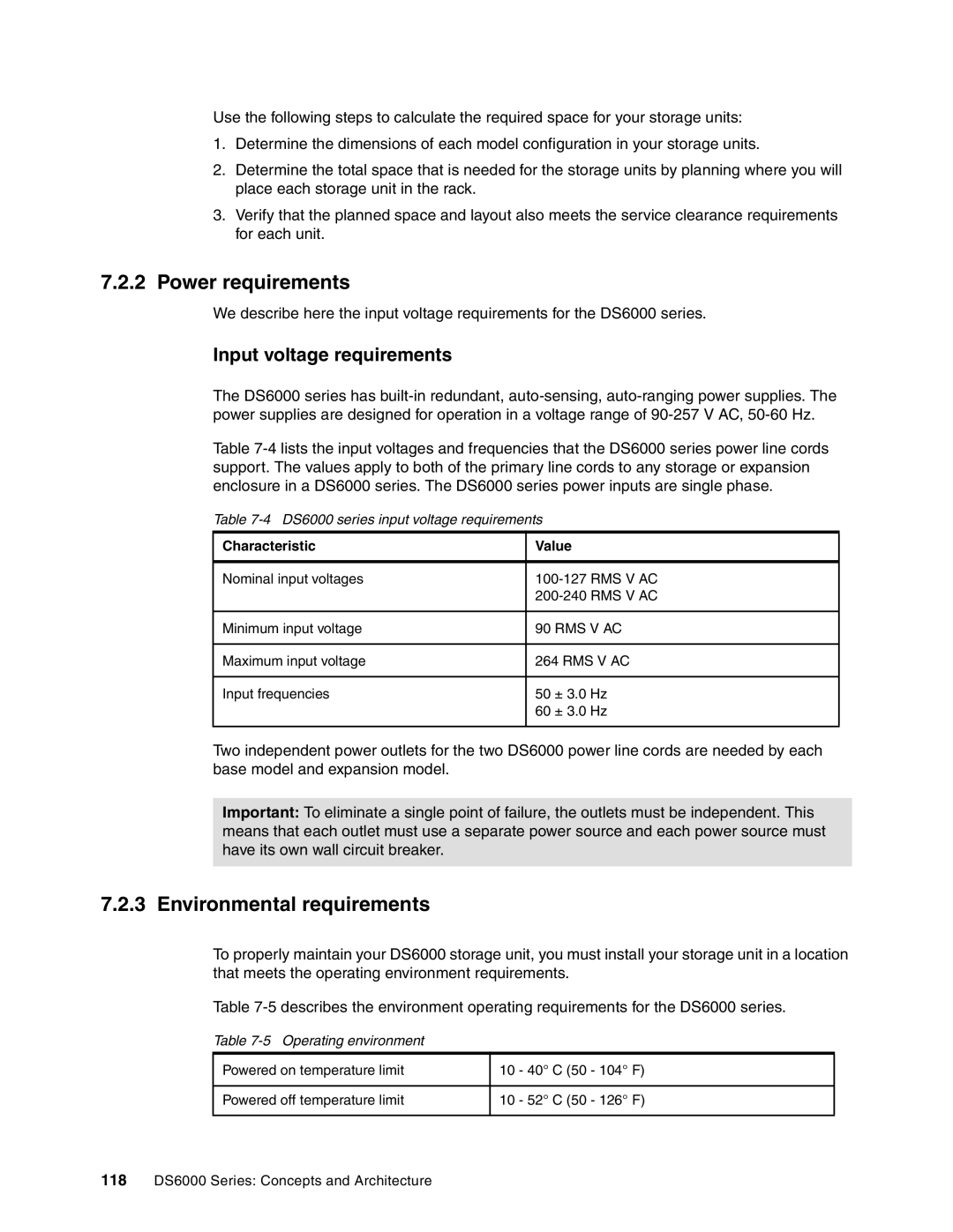 IBM DS6000 Series manual Power requirements, Environmental requirements, Input voltage requirements, Operating environment 