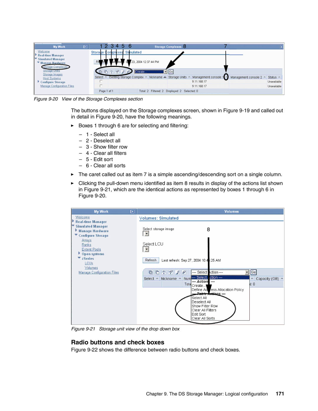 IBM DS6000 Series manual Radio buttons and check boxes, View of the Storage Complexes section 