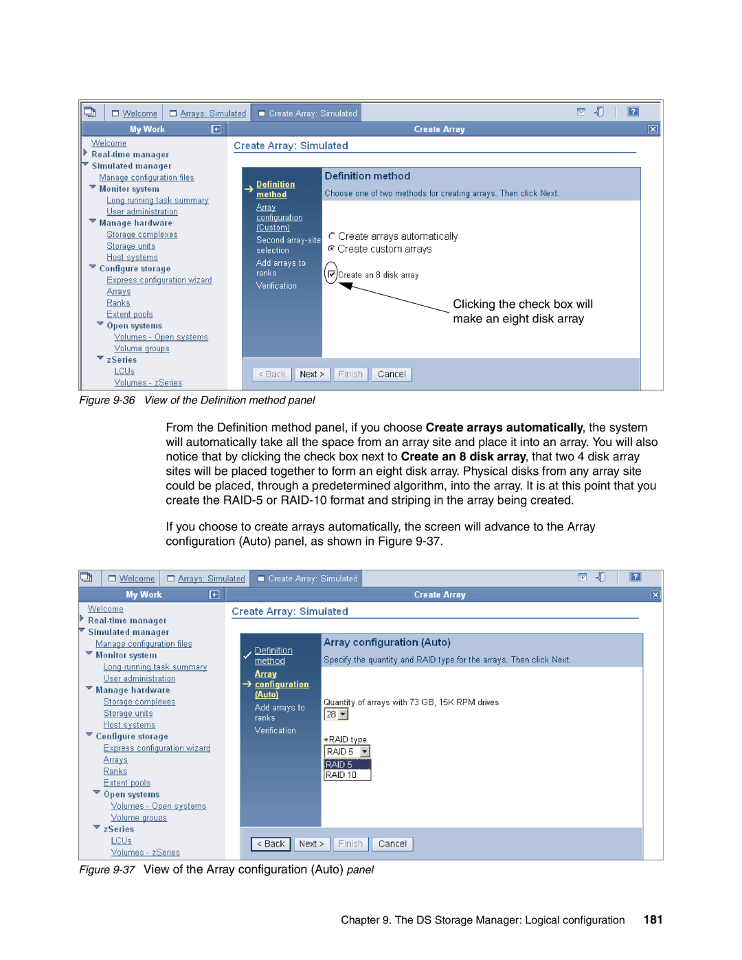 IBM DS6000 Series manual 37View of the Array configuration Auto panel 