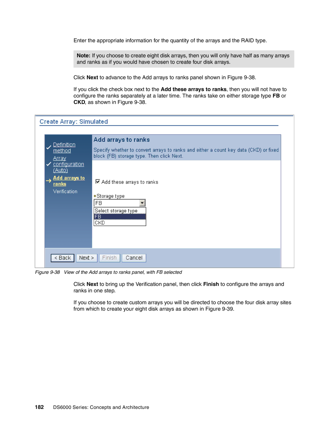 IBM DS6000 Series manual View of the Add arrays to ranks panel, with FB selected 