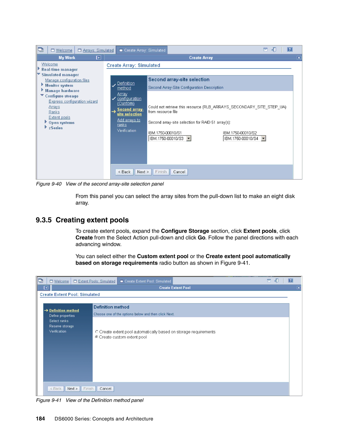 IBM DS6000 Series manual Creating extent pools, View of the second array-site selection panel 