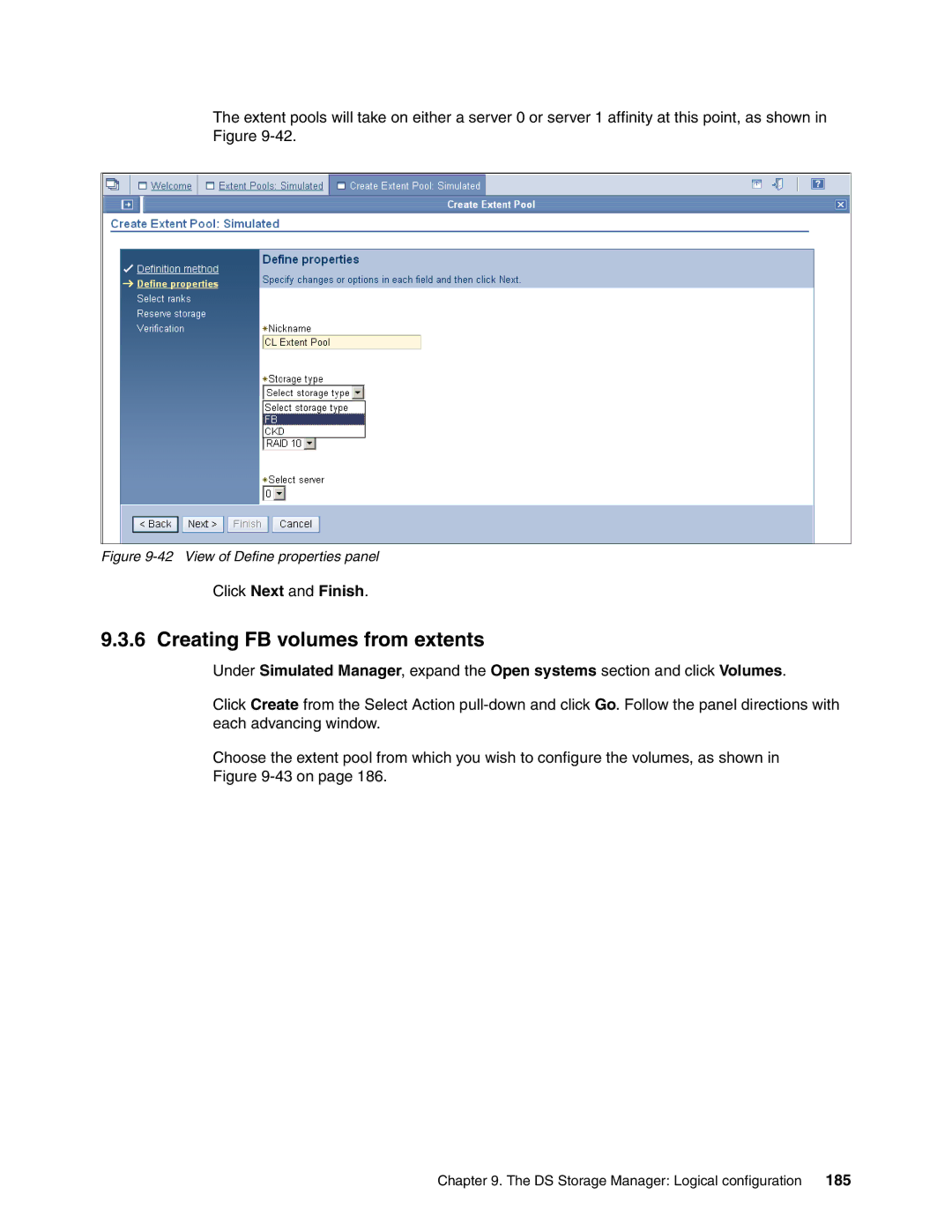 IBM DS6000 Series manual Creating FB volumes from extents, View of Define properties panel 