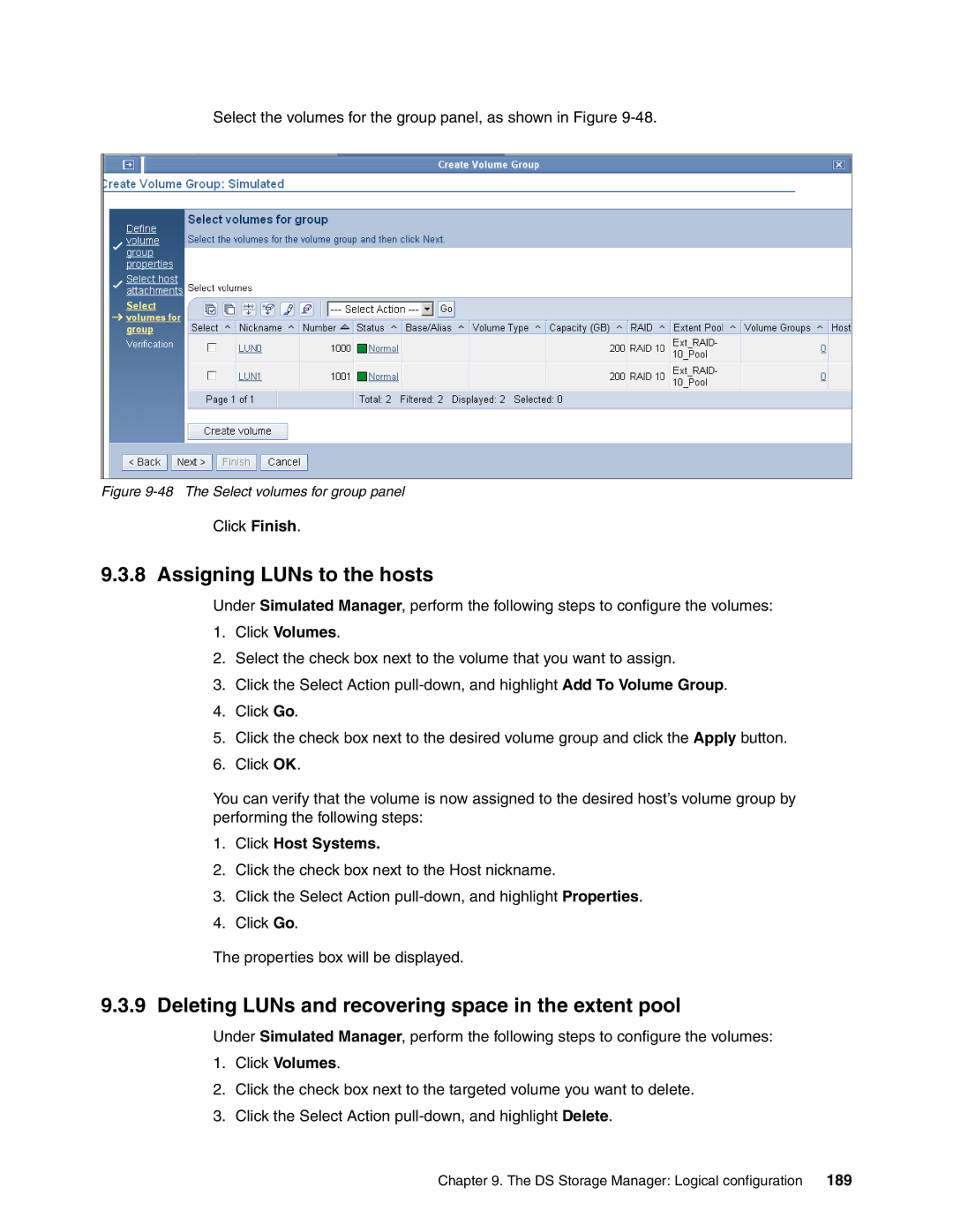 IBM DS6000 Series Assigning LUNs to the hosts, Deleting LUNs and recovering space in the extent pool, Click Host Systems 